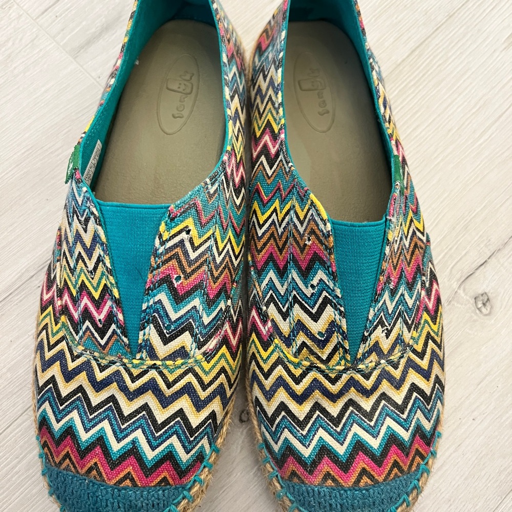 Sanuk Blue and Yellow Flats with Vibrant Pattern - Picture 3 of 9